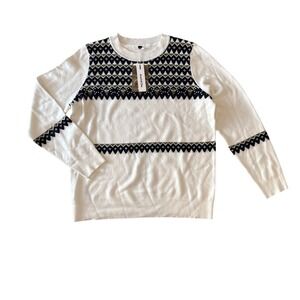 New Arach&Cloz Fair Isle Wool Blend Sweater XL Cream Crewneck Geometric Knit